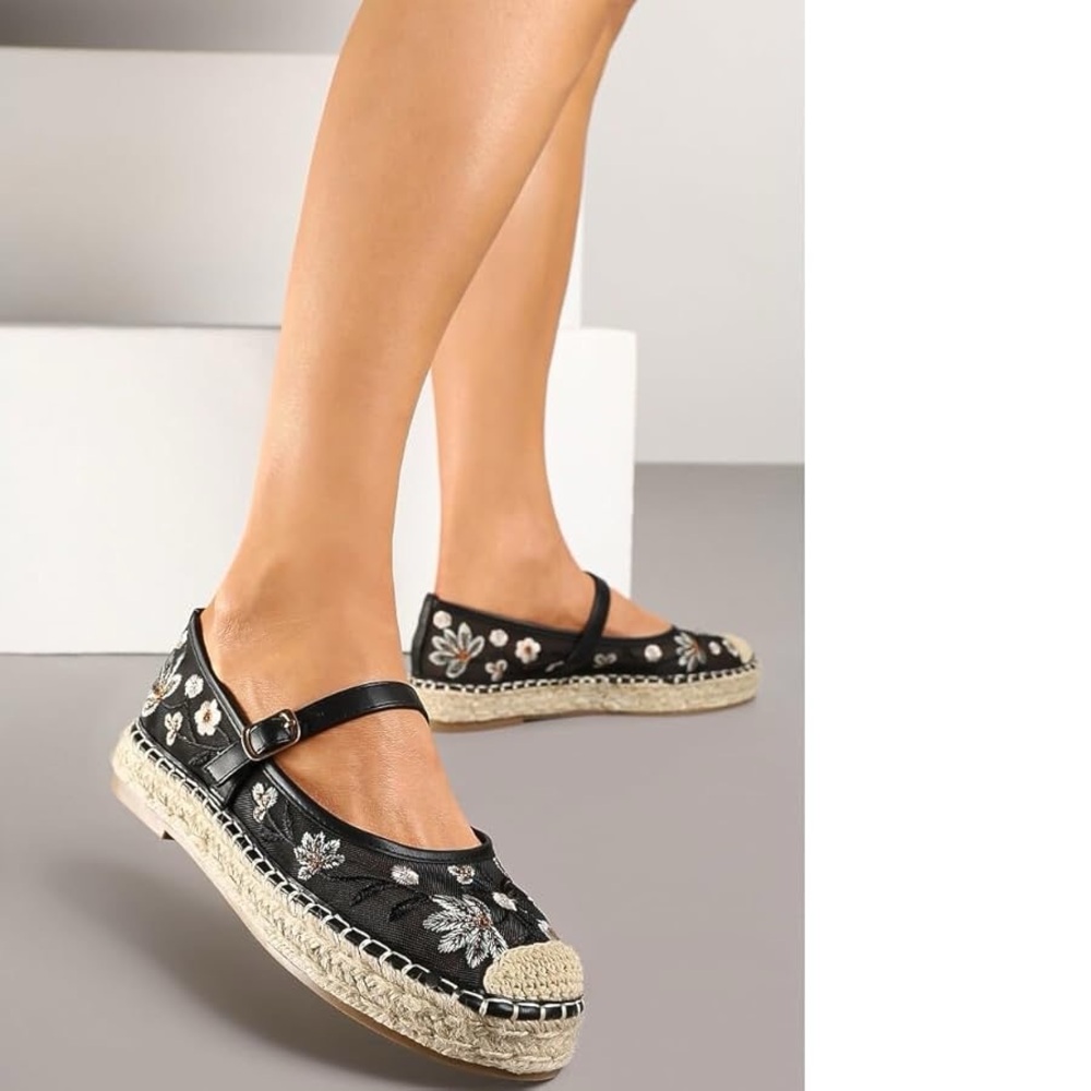 Women Mary Jane Espadrilles Embroidered Mesh Woven Outsole Ballet Flats size 9 - Picture 6 of 6